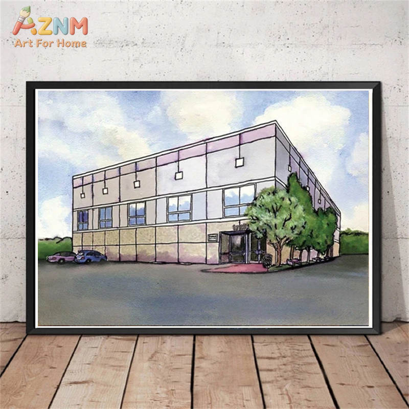 Commercial Wall Printing - AZNM ภาพวาดสีน้ำ ทิวทัศน์อาคารพาณิชย์สมัยใหม่ ศิลปะบนผืนผ้าใบติดผนัง สถาปัตยกรรมแบบมินิมอล ทิวทัศน์ถนน