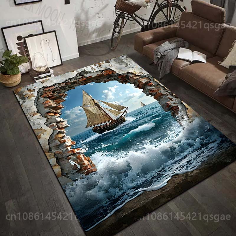Commercial Wall Printing - พรมพิมพ์ลายเรือใบทะลุกำแพงแตก 1 ชิ้น สำหรับห้องนั่งเล่น ห้องนอน โซฟา