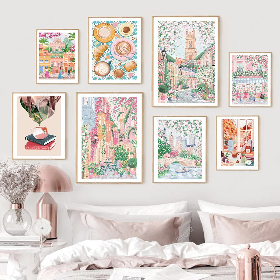 Commercial Wall Printing - ร้านกาแฟริมถนนการค้า ช่วงน้ำชายามบ่าย ล่องเรือพักผ่อน โปสเตอร์แฟชั่น ภาพวาดบนผ้าใบ ศิลปะตกแต่งผนังสไตล์นอร์ดิก